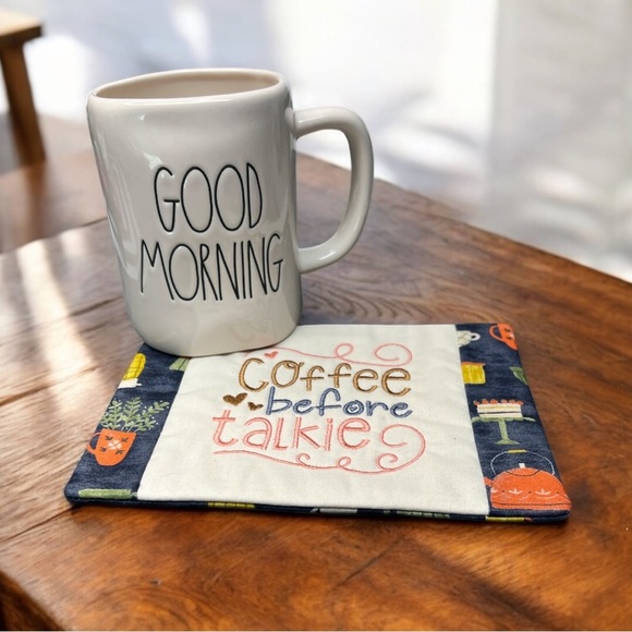 Hand Crafted Mug Rug Coaster Embroidered Colorful Coffee Before Talkie Padded - Picture 3 of 8